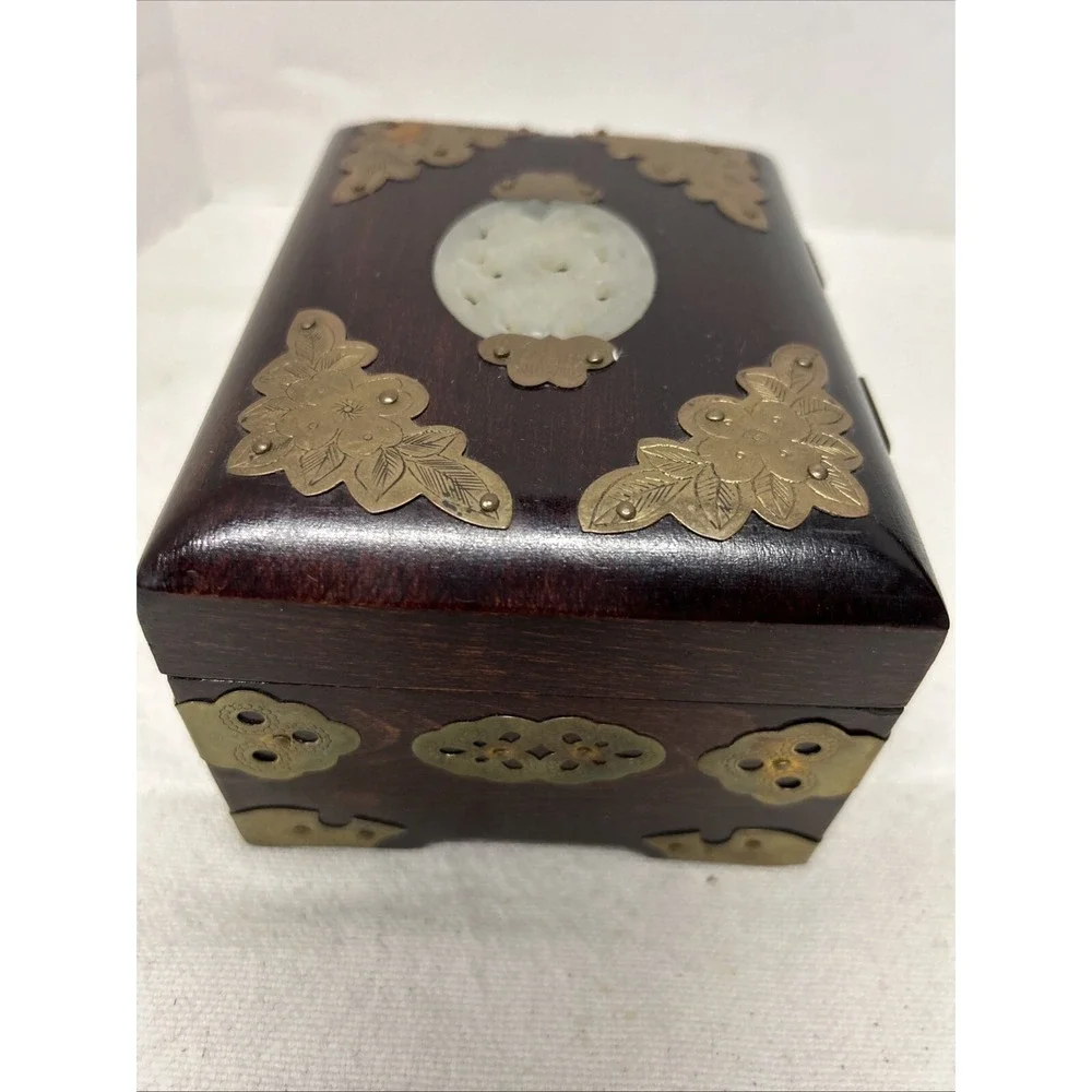 Vintage Jewelry Box Asian Oriental Chinese Ornate Brass Wood Jade Like Carving